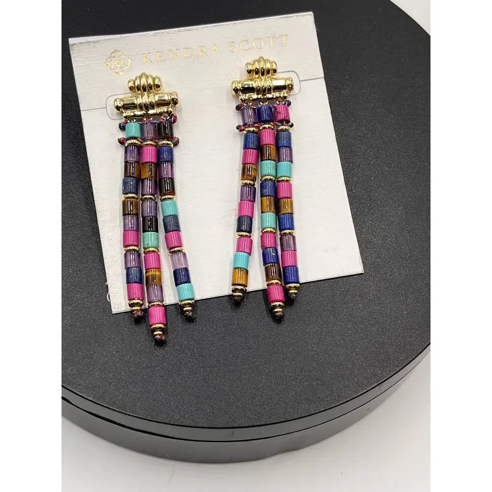 Kendra Scott‎ Bree Gold Teal Purple Orchid Stone Bead statement Earrings